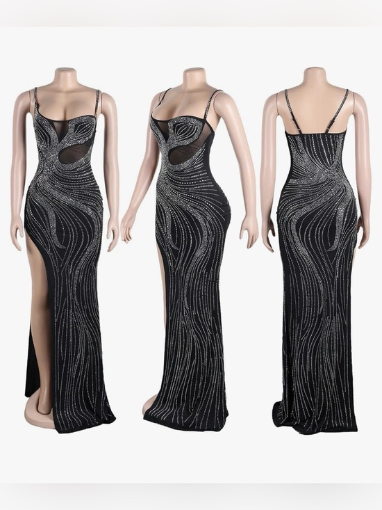 None Dresses & Skirts - Black Embellished Mesh Panel Evening Gown